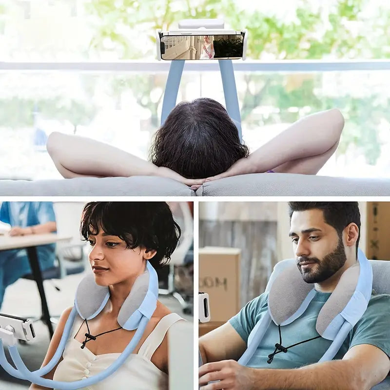 Oreiller de protection pour le cou avec support pour téléphone portable.
