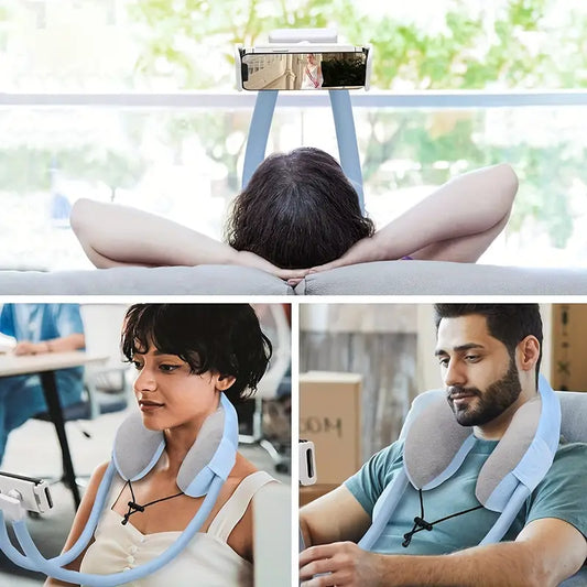 Oreiller de protection pour le cou avec support pour téléphone portable.